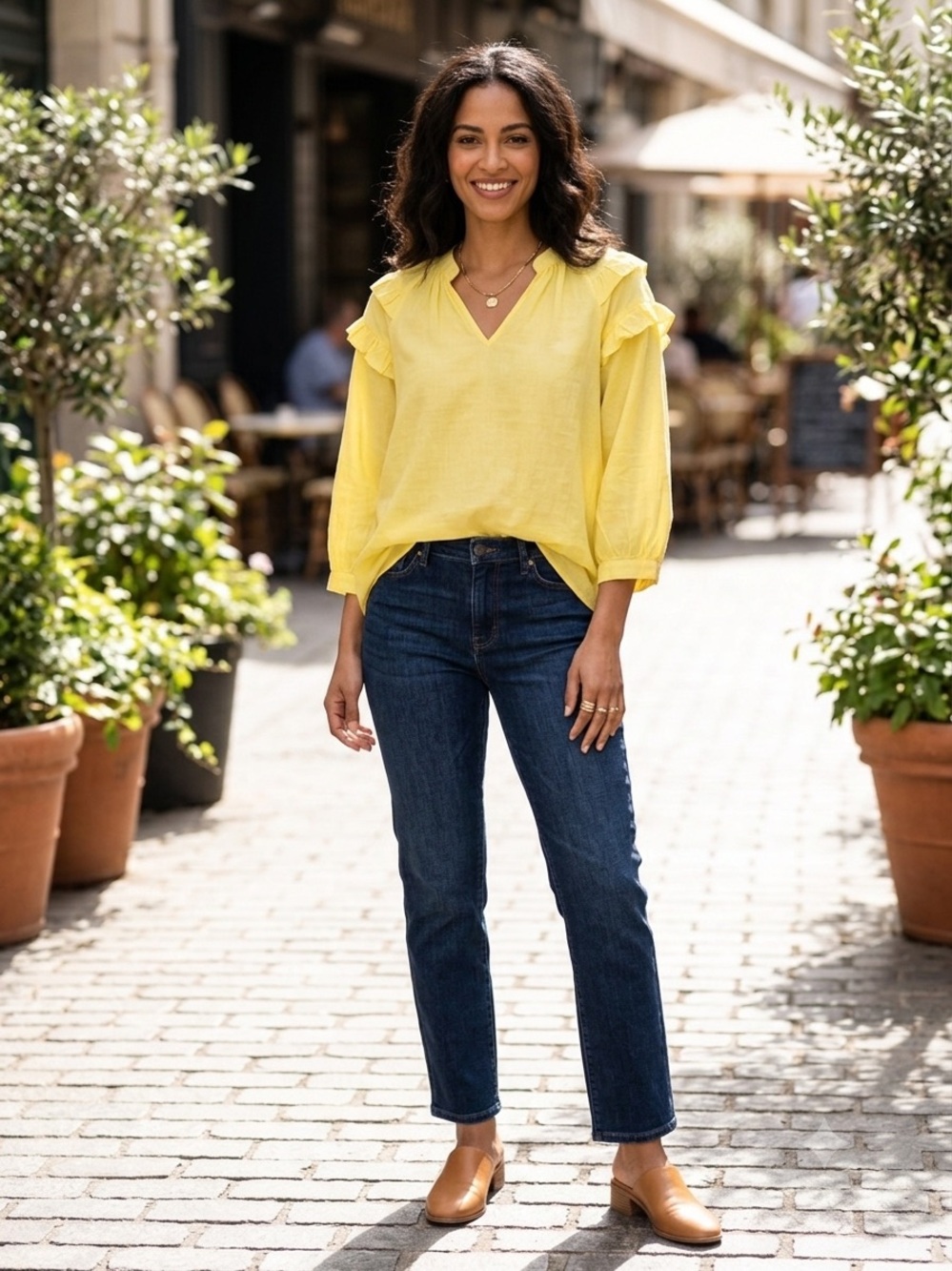 Women's V-Neck Ruffle‎ Sleeve Blouse in Yellow